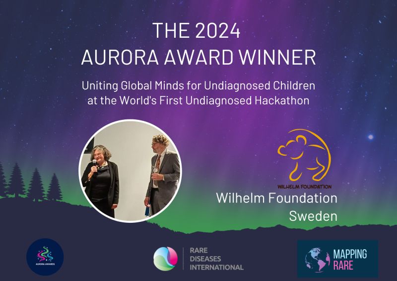 Announcement graphic with northern lights background naming Wilhelm Foundation Sweden the 2024 Aurora Award winner, with an inset photo and partner logos.