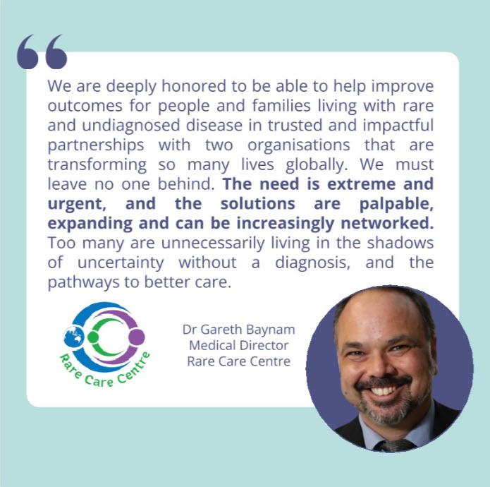 Quote card from Dr Gareth Baynam, Medical Director of Rare Care Centre, with his portrait and the Rare Care Centre logo.