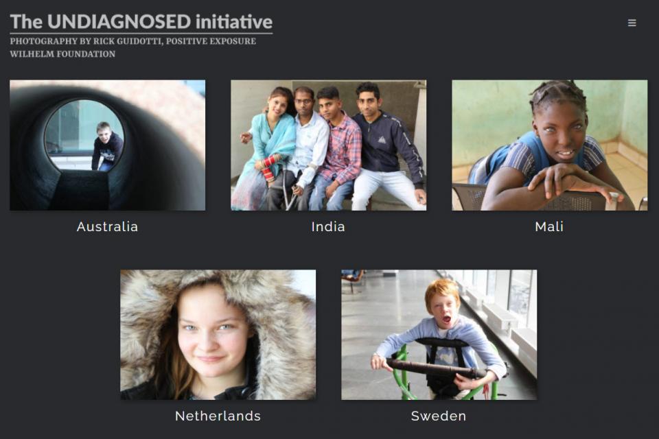A picture of the virtual photo exhibition with five photos each with a child and under the pictures text with Australia, India, Mali, Netherlands or Sweden.