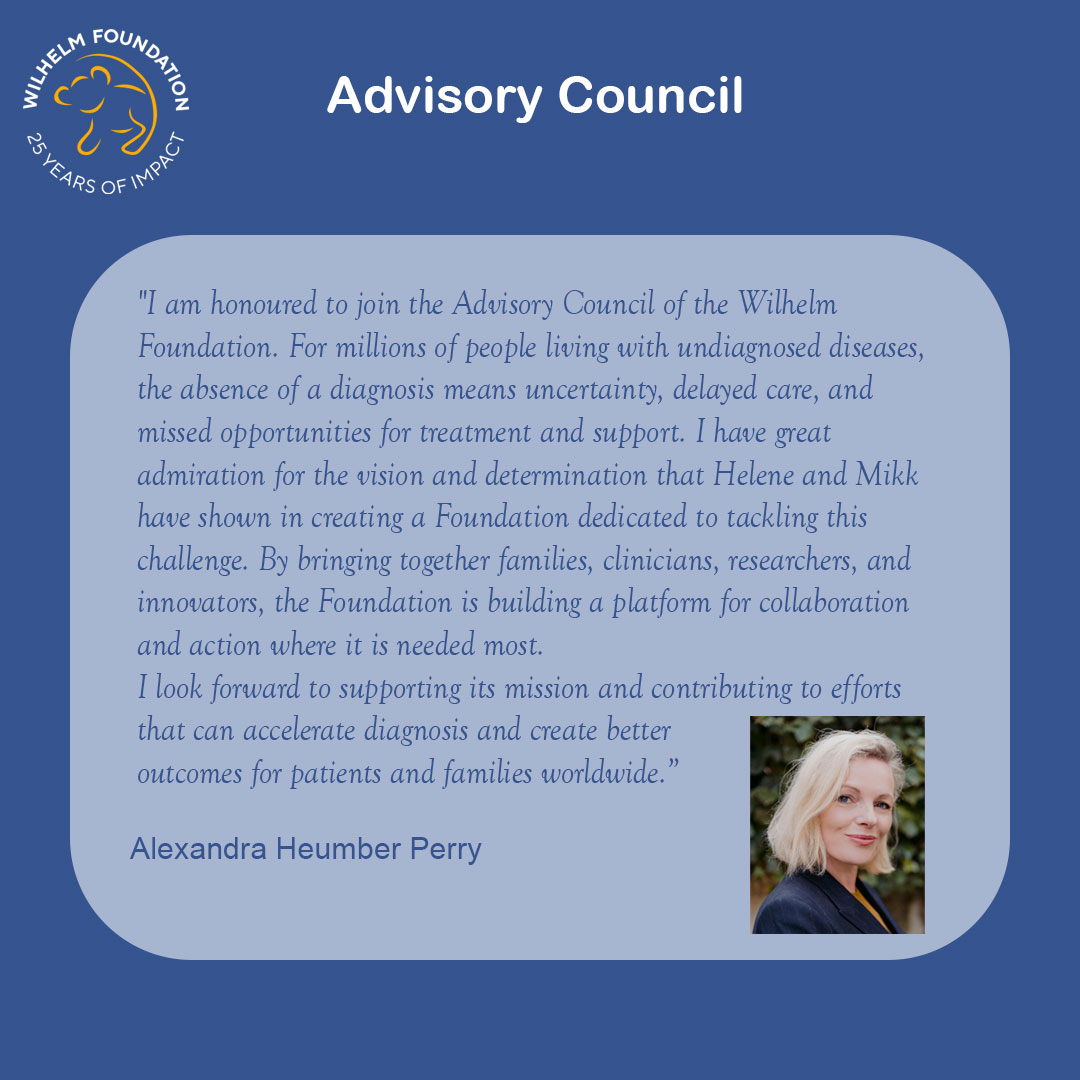 Graphic titled “Advisory Council” with the Wilhelm Foundation 25 Years of Impact logo, a quote from Alexandra Heumber Perry on joining the council, and her portrait.
