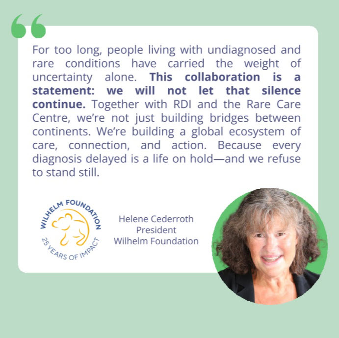 Quote card from Helene Cederroth, President of Wilhelm Foundation, with her portrait and the foundation's 25 Years of Impact logo.
