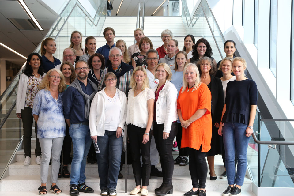 Of group of 30 people stand in a staircase