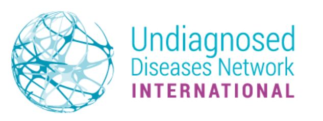 En logga i turkos med en konstnärligt utförd jordglob och texten UDNI Undiagnosed Diseases Network International i lila