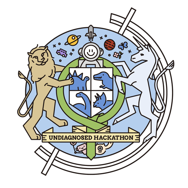 Illustrated Undiagnosed Hackathon logo showing a central shield with a tiger on one side and a unicorn on the other. Inside the shield are dinosaur figures and a smiling face, surrounded by icons such as planets, a car, flowers, and a butterfly. At the bottom, the text “Undiagnosed Hackathon” appears above a transformer and a monster. All elements are placed on a globe, representing global collaboration, discovery, and hope in solving undiagnosed diseases.