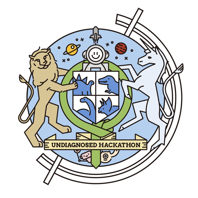 Logo of the Undiagnosed Hackathon featuring a coat of arms with four dinosaur icons inside a shield, flanked by a lion on the left and a unicorn on the right. Above the shield is a smiling face beneath a stylized satellite dish, and behind the emblem are planets, stars, and orbit-like lines suggesting exploration. Below the shield is a banner reading "Undiagnosed Hackathon," with a green awareness ribbon looped behind it.
