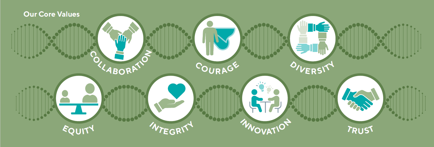 Graphic titled “Our Core Values” showing a green DNA helix background with seven circular icons representing Wilhelm Foundation’s core values: Collaboration, Courage, Diversity, Equity, Integrity, Innovation, and Trust. Each value is illustrated with a simple icon (hands working together, a person stepping forward, diverse hands joined, balanced figures, a heart in a hand, people sharing ideas, and a handshake), emphasizing unity, ethics, inclusion, and progress in advancing care for people living with undiagnosed diseases.